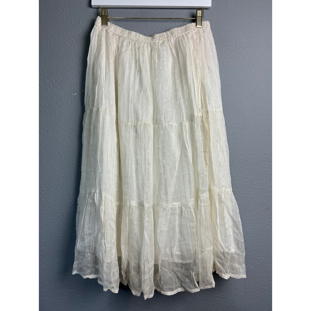 Metro Girl Ivory Silver‎ Metallic Stripe Tiered Fairy Boho Maxi Skirt Size Med
